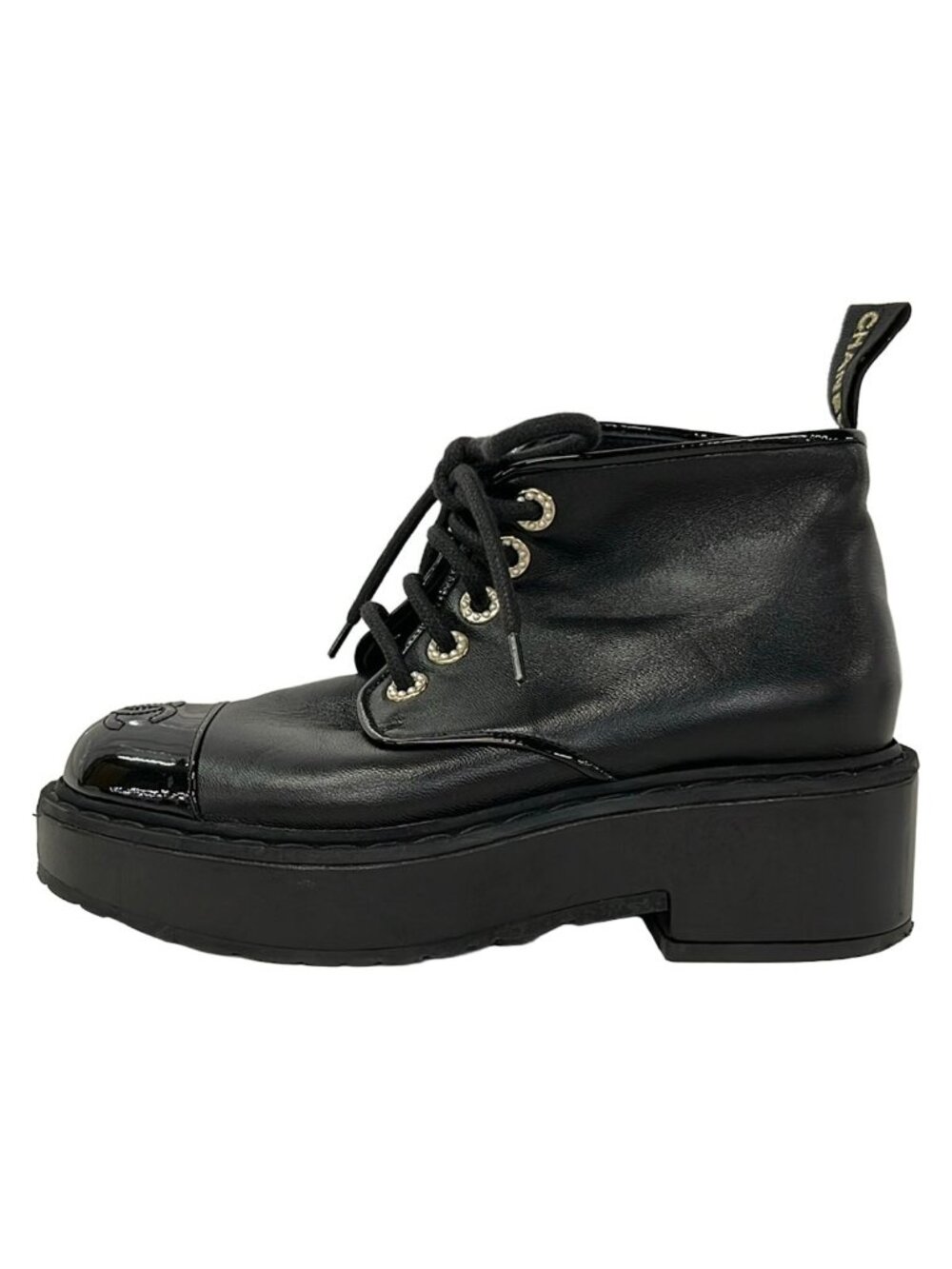 Chanel Short Boots C Black CC Logo Pearl Leather Lambskin 36